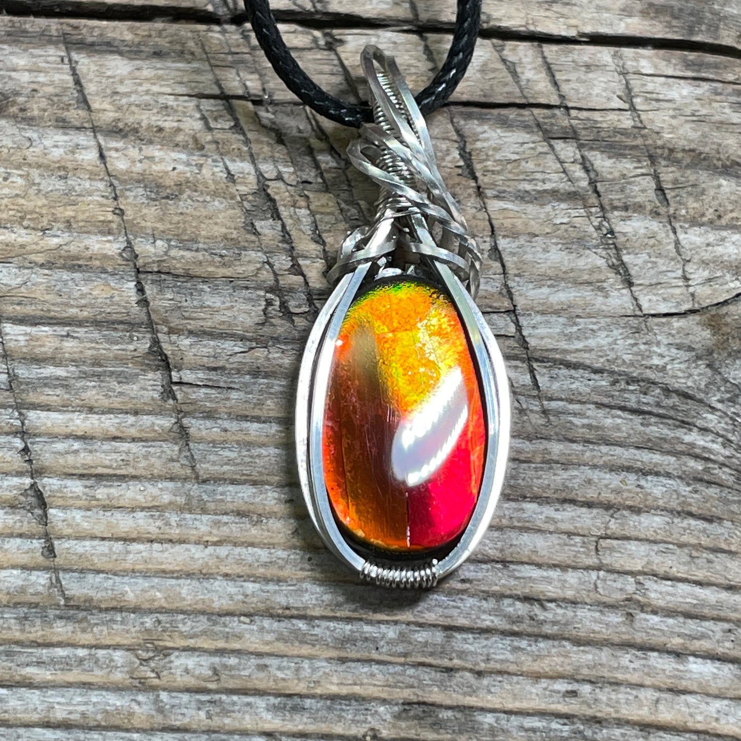 Wire-wrapped Ammolite Pendant Hand Made Argentium Silver TJ1130