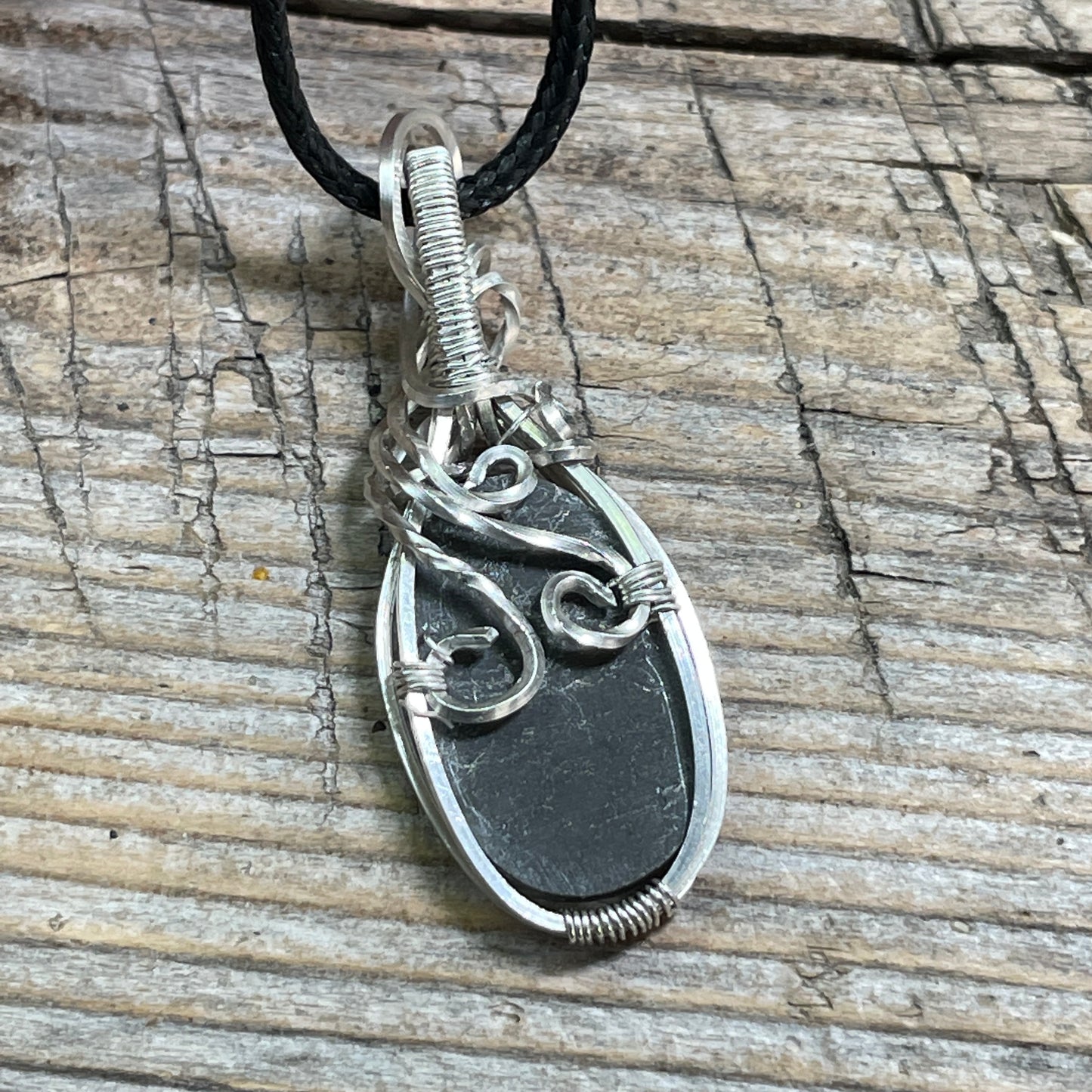 Wire-wrapped Ammolite Pendant Hand Made Argentium Silver TJ1130