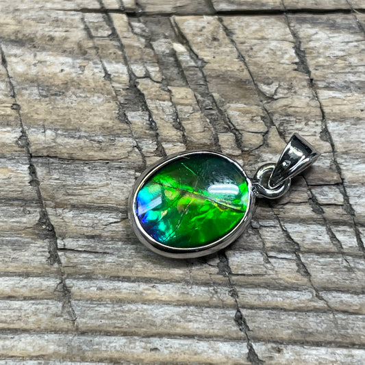 Ammolite Pendant Sterling Silver Oval Blue Green TJ1112