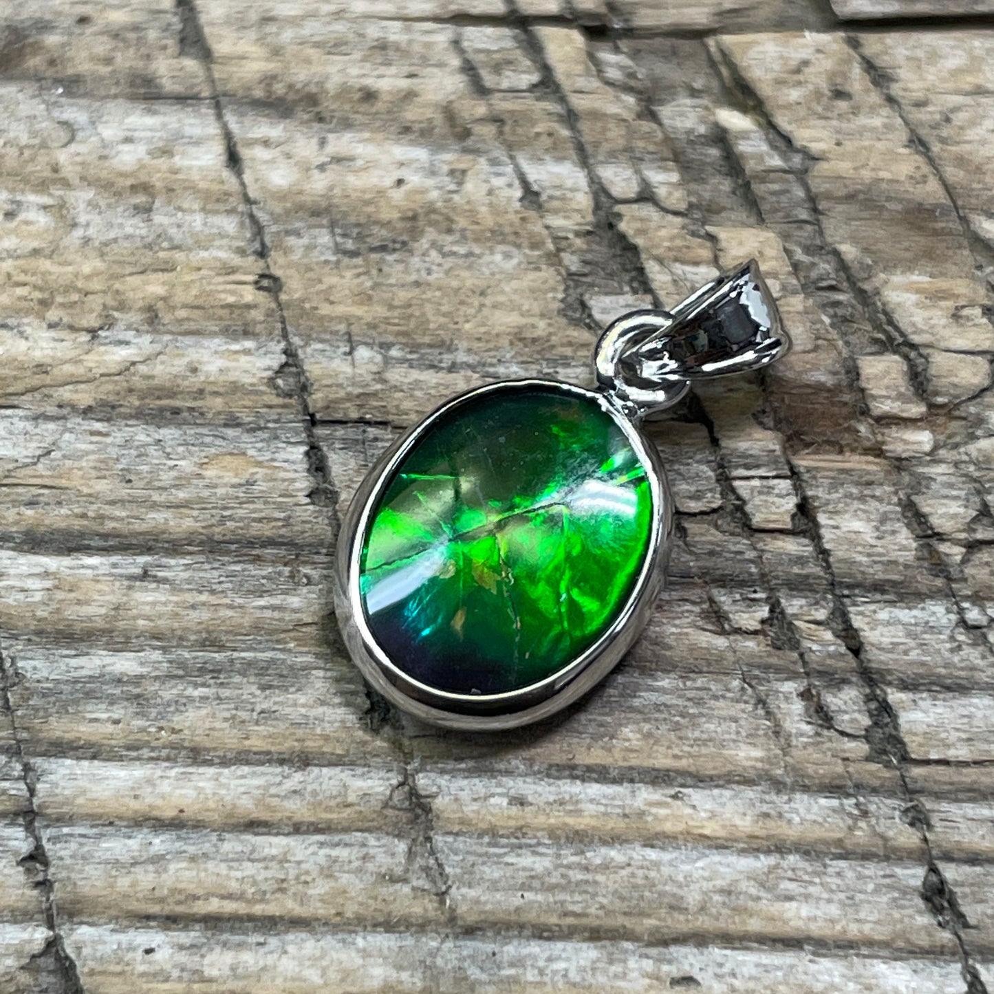 Ammolite Pendant Sterling Silver Oval Blue Green TJ1112