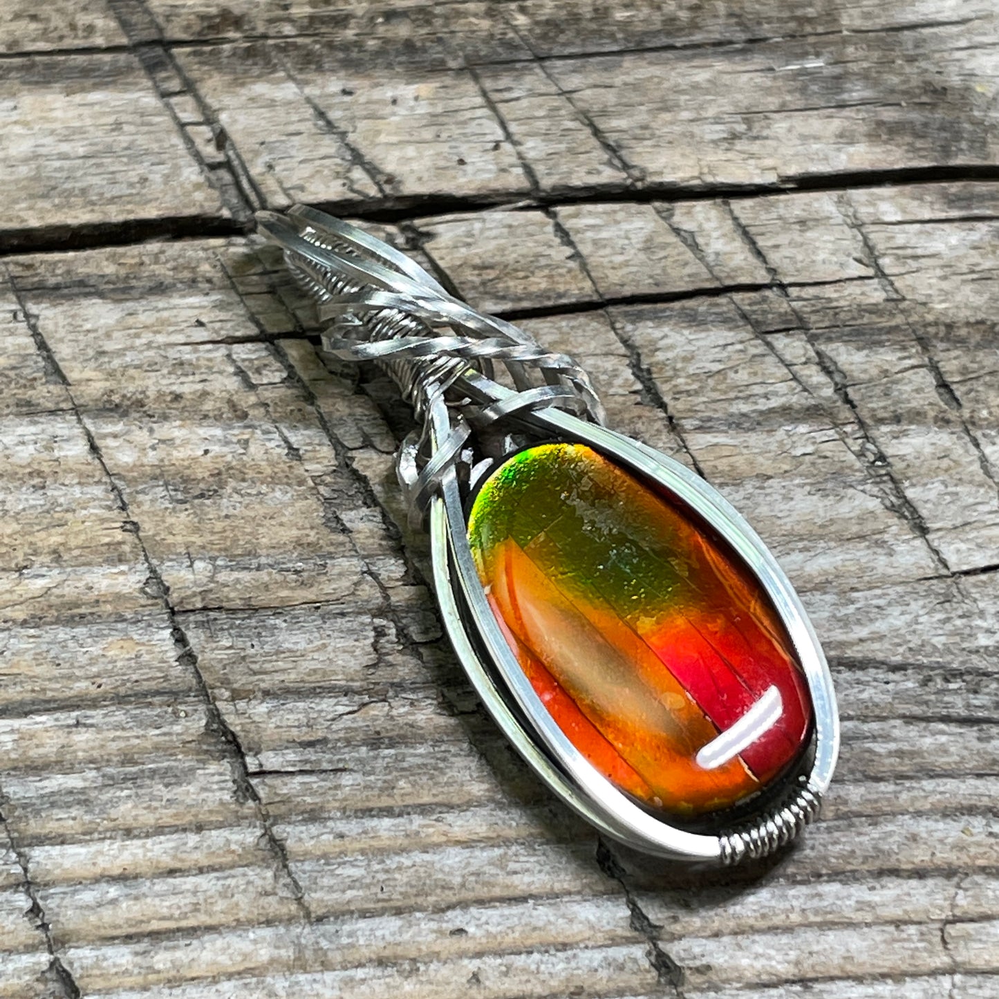 Wire-wrapped Ammolite Pendant Hand Made Argentium Silver TJ1130