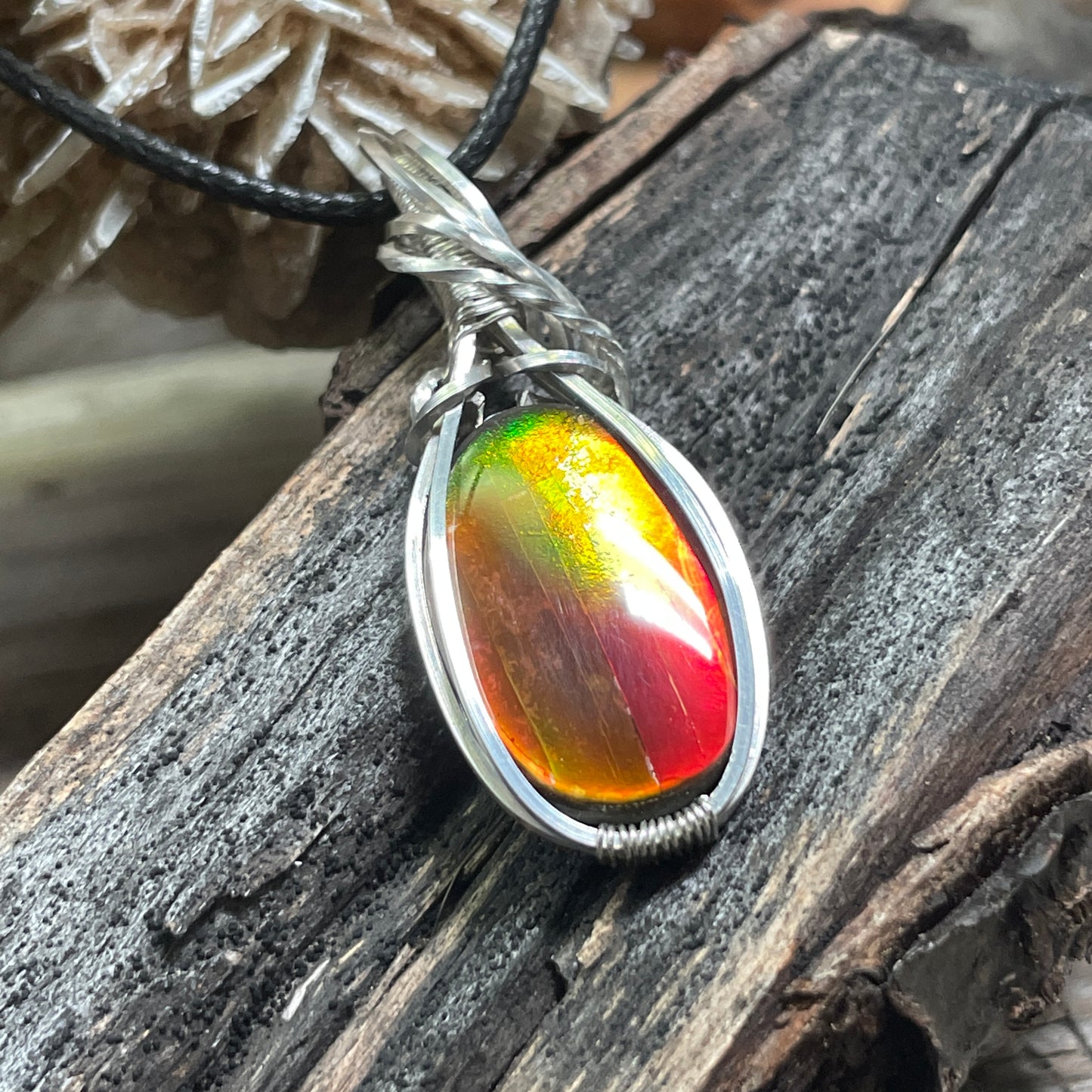 Wire-wrapped Ammolite Pendant Hand Made Argentium Silver TJ1130