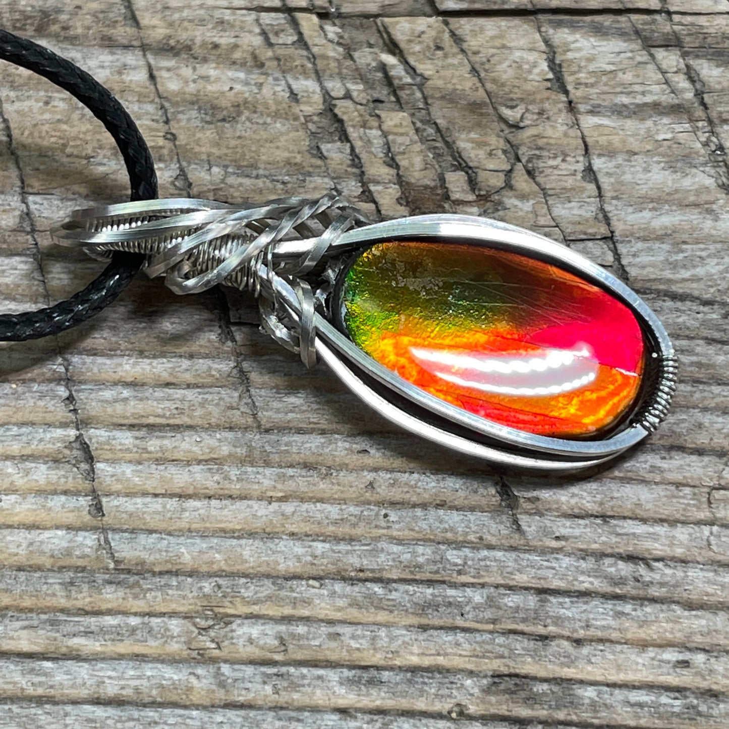 Wire-wrapped Ammolite Pendant Hand Made Argentium Silver TJ1130