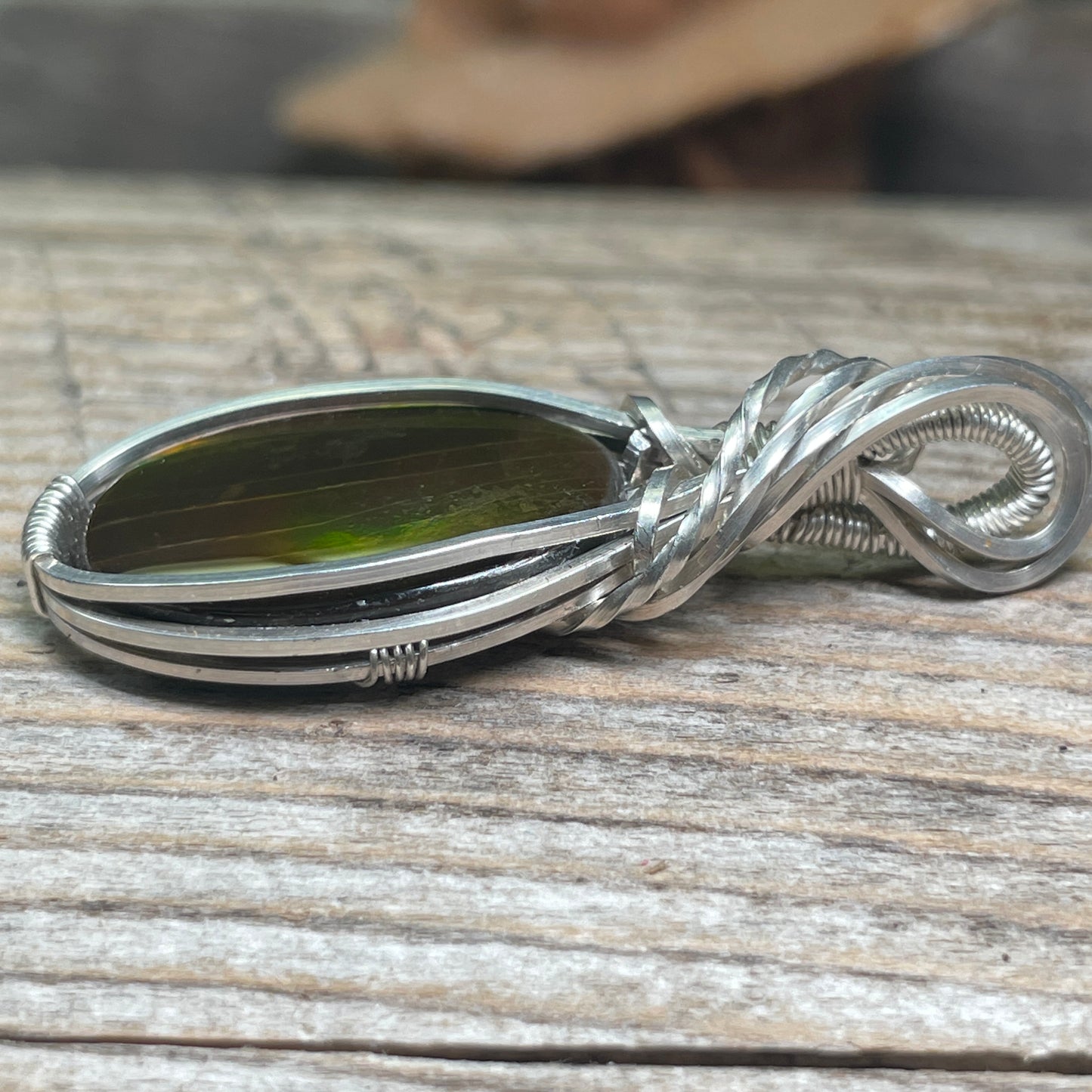 Wire-wrapped Ammolite Pendant Hand Made Argentium Silver TJ1130