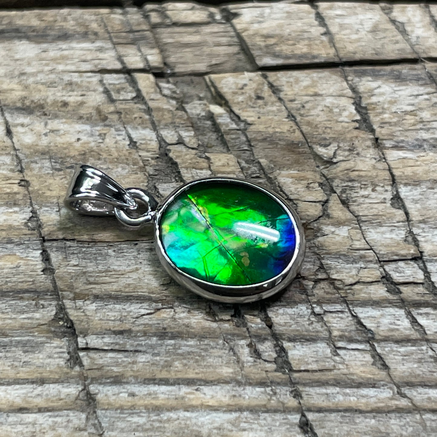 Ammolite Pendant Sterling Silver Oval Blue Green TJ1112