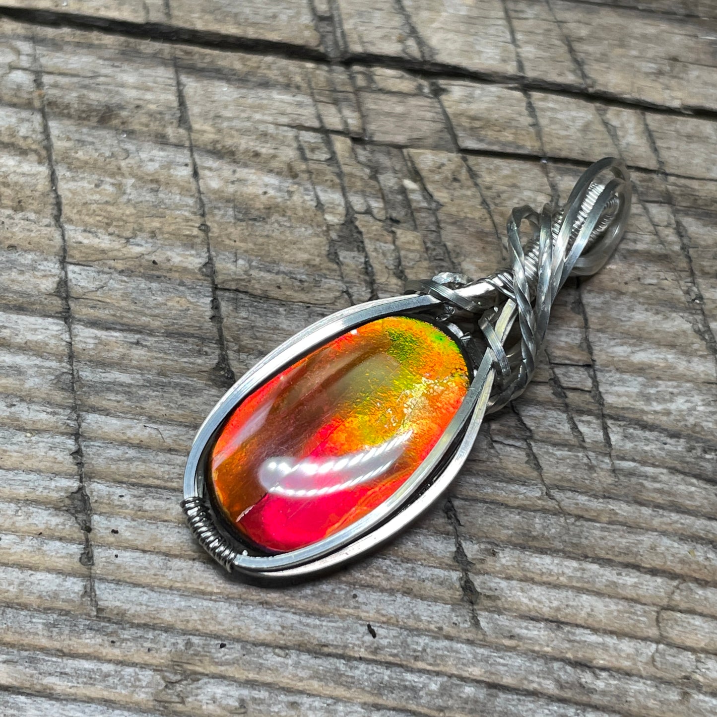 Wire-wrapped Ammolite Pendant Hand Made Argentium Silver TJ1130