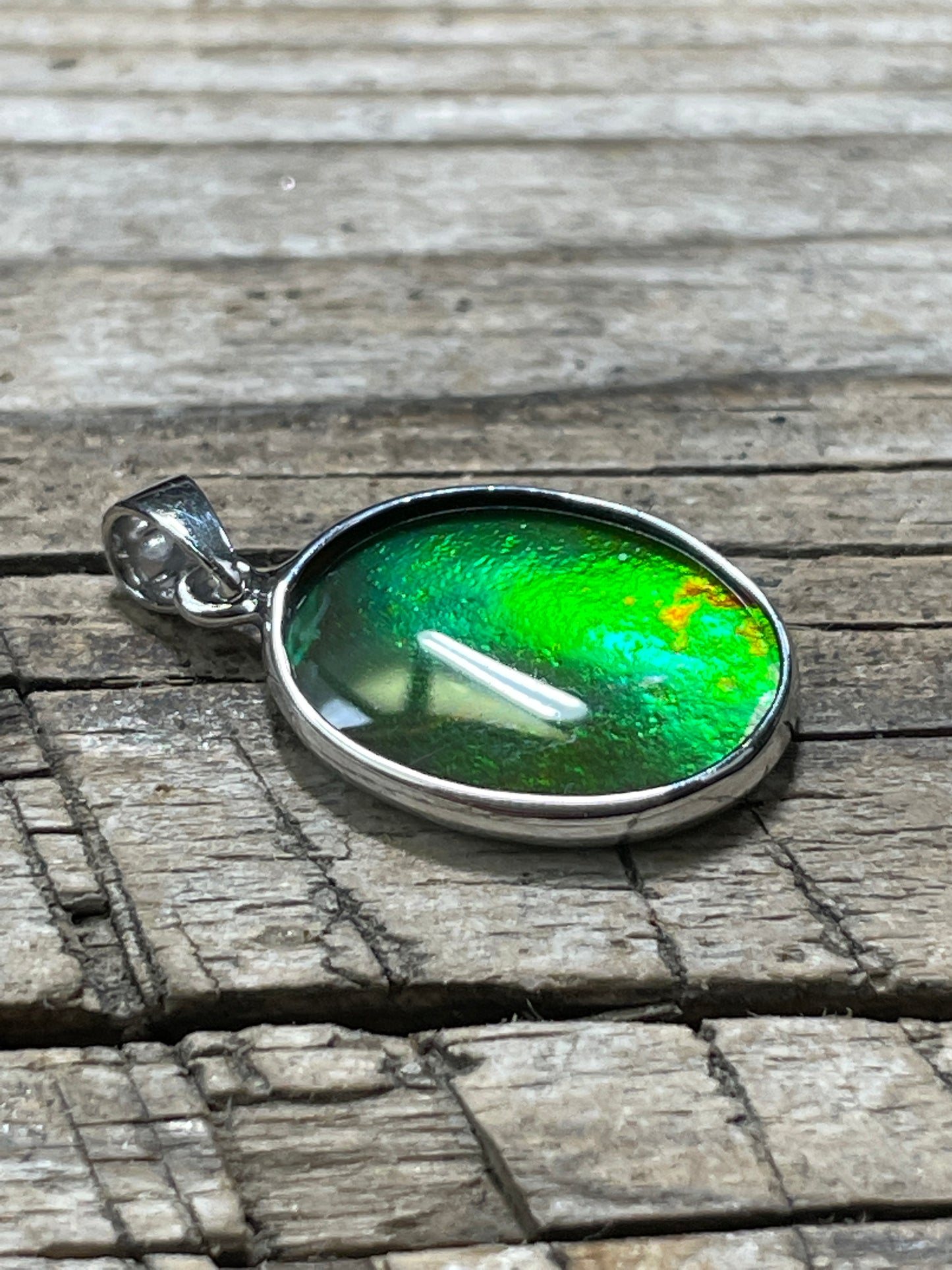 Ammolite Pendant Sterling 925 Silver Oval Green TJ1015