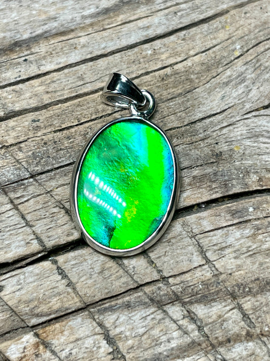 Ammolite Pendant Sterling 925 Silver Bright Green Oval TJ1004