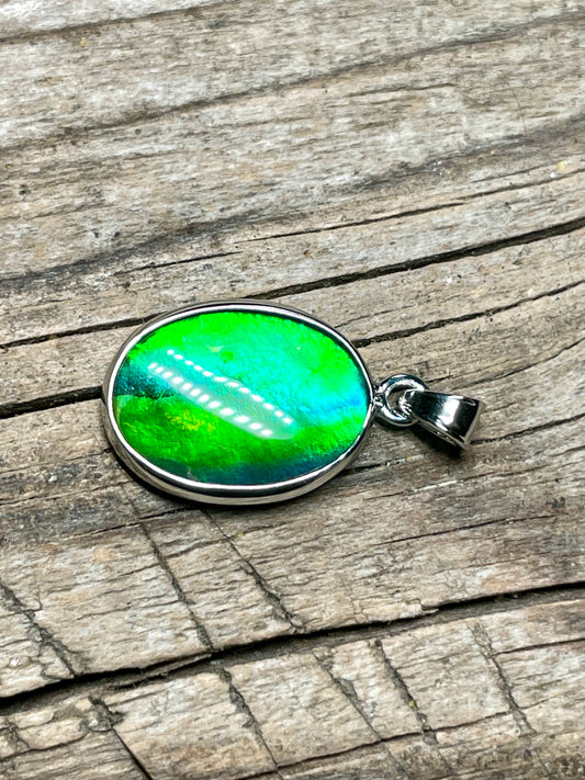 Ammolite Pendant Sterling 925 Silver Bright Green Oval TJ1004