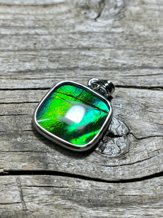 Ammolite Pendant Sterling 925 Silver Green Square J1002