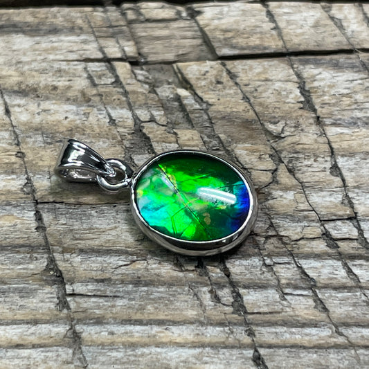 Ammolite Pendant Sterling Silver Oval Blue Green TJ1112